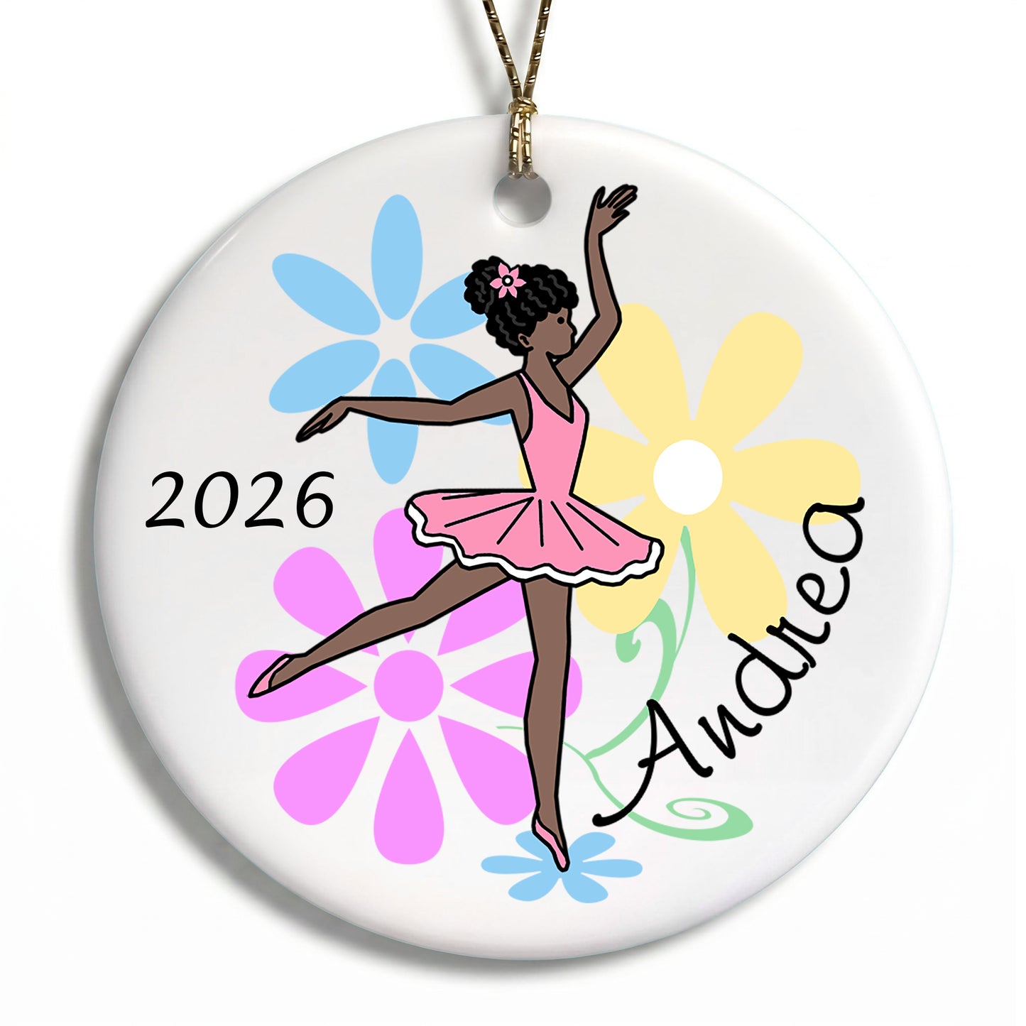 Ballet or Dance Christmas Ornament - Dainty Floral Ballerina - Black / African American