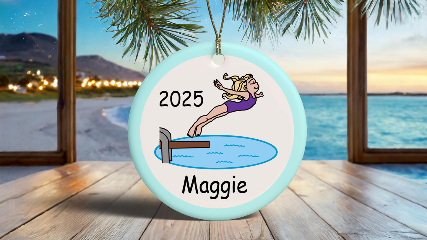 Diving or Swimming Personalized Christmas Ornament - Girl - Blonde Hair