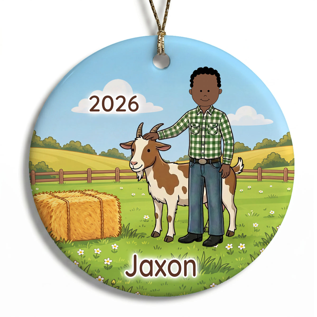 Personalized Farming Christmas Ornament – Boy with Goat - G - Black Curly Hair / Dark Skin,