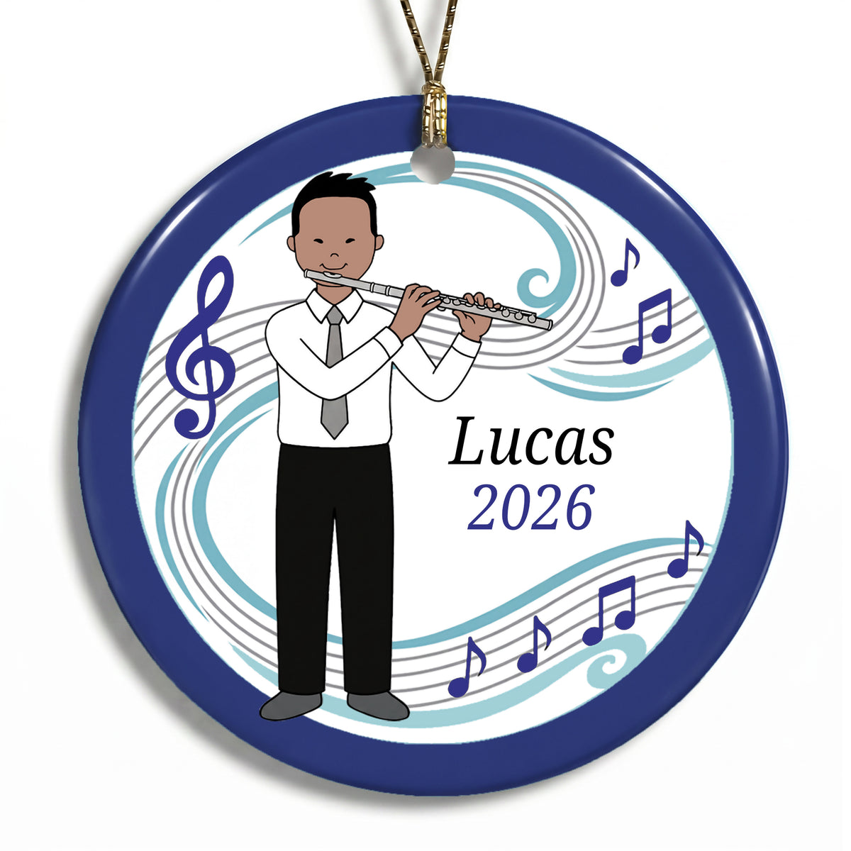 Flute Boy Personalized Christmas Ornament - I - Almond Eyes / Black Hair / Medium Skin,