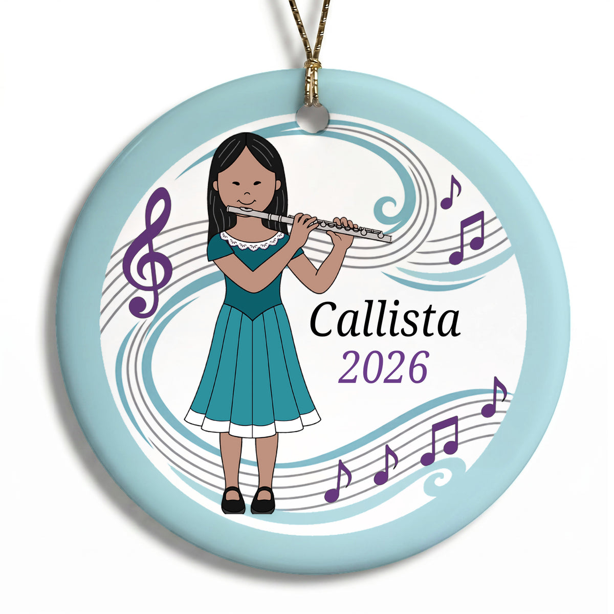 Flute Girl Personalized Christmas Ornament - I - Almond Eyes / Black Hair / Medium Skin,