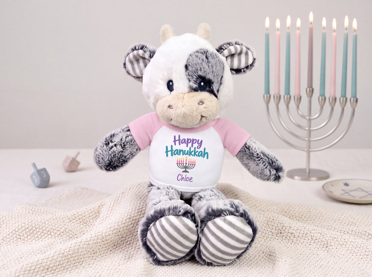 Personalized Hanukkah Stuffed Cow - 12 Inch Plush Coby Cow - ,