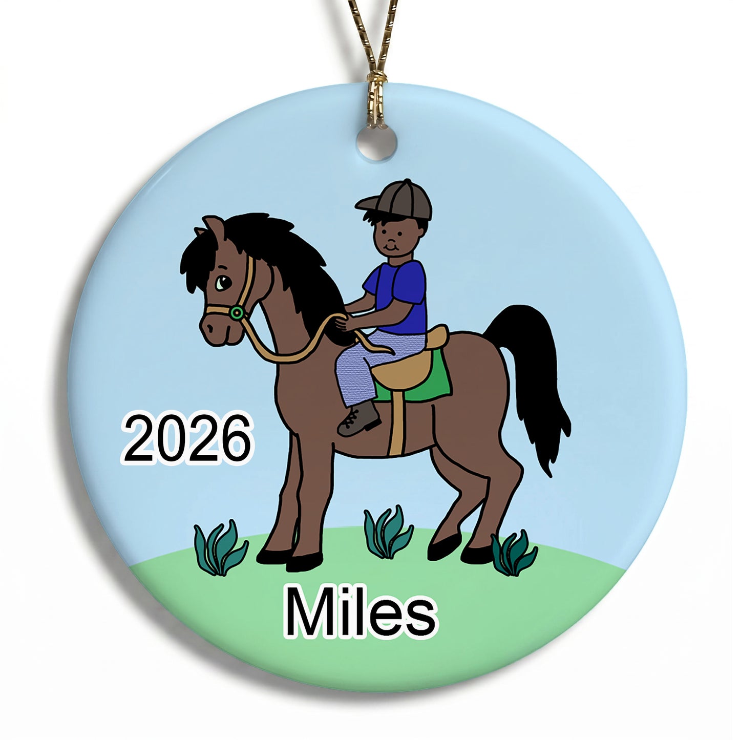 Boy on Horse Personalized Christmas Ornament - Black / African American