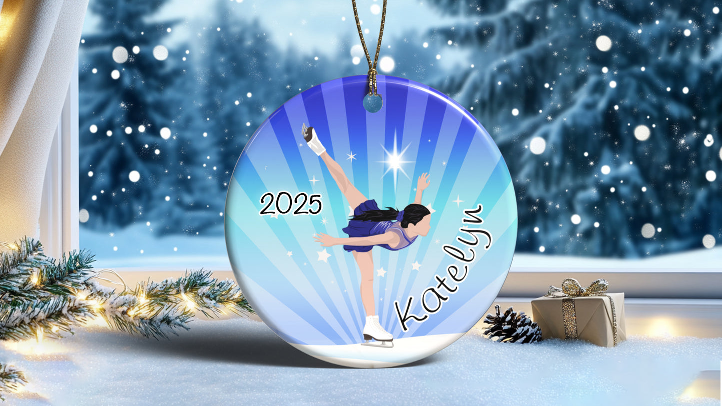 Ice Skating Dreams Personalized Christmas Ornament - Black Hair