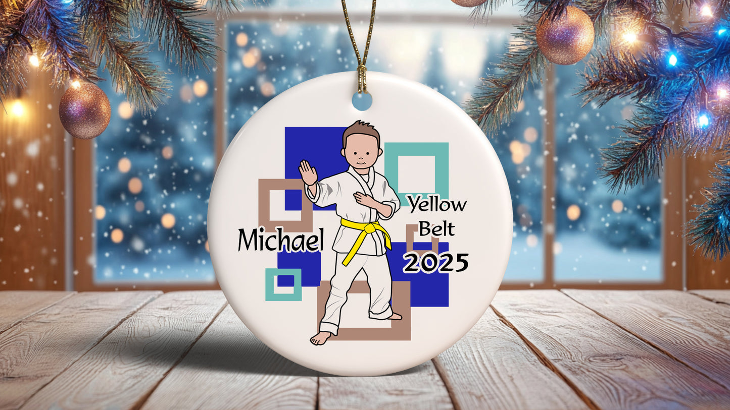 Martial Arts or Karate Kid Personalized Christmas Ornament - Boy - Brown Hair