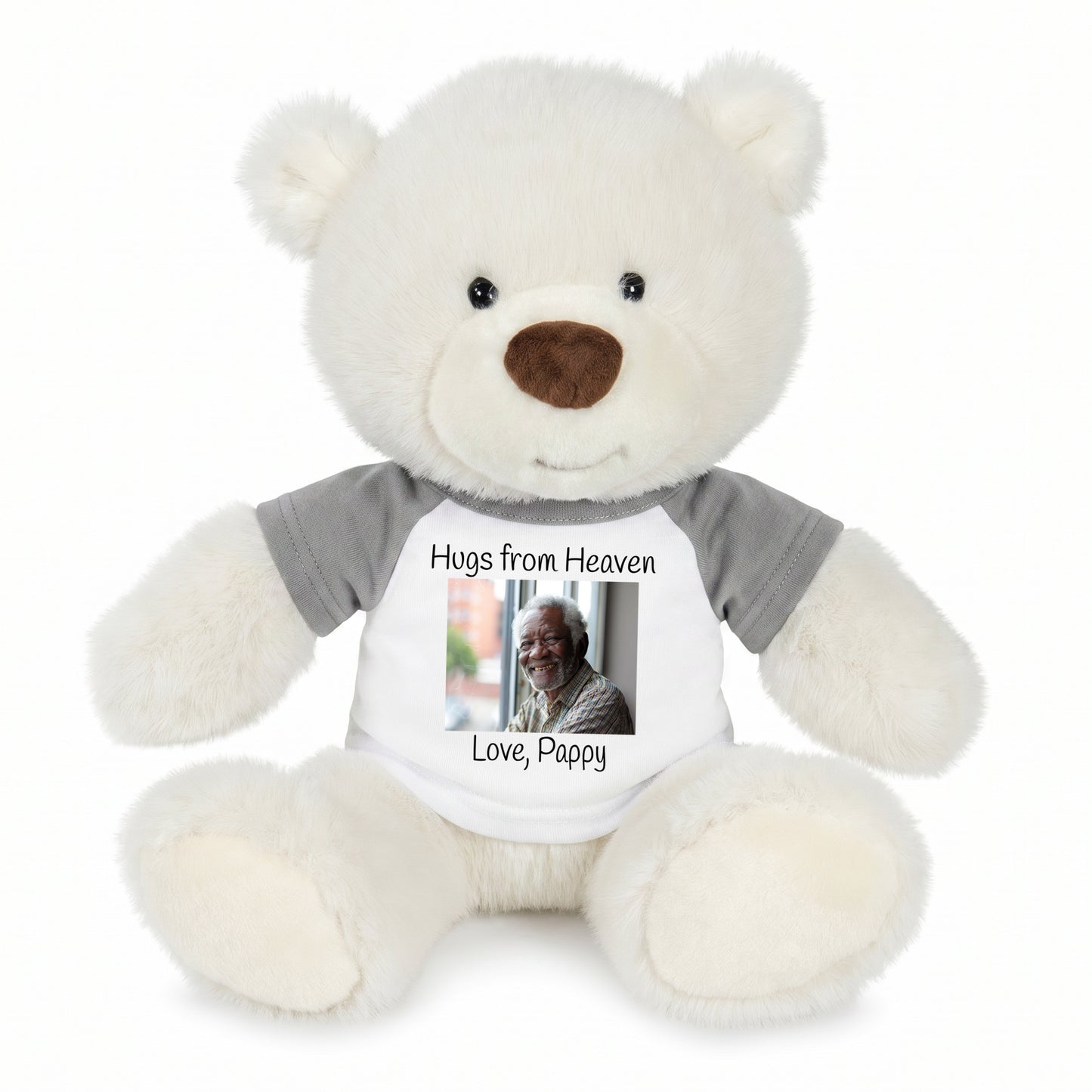 Personalized Memorial Teddy Bear - 10 Inch White Nuzzles Bear - Grey Shirt