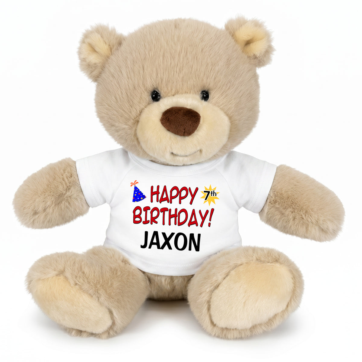 Personalized Birthday Teddy Bear - 10 Inch Tan Nuzzles Bear, Red Text Design, White Shirt