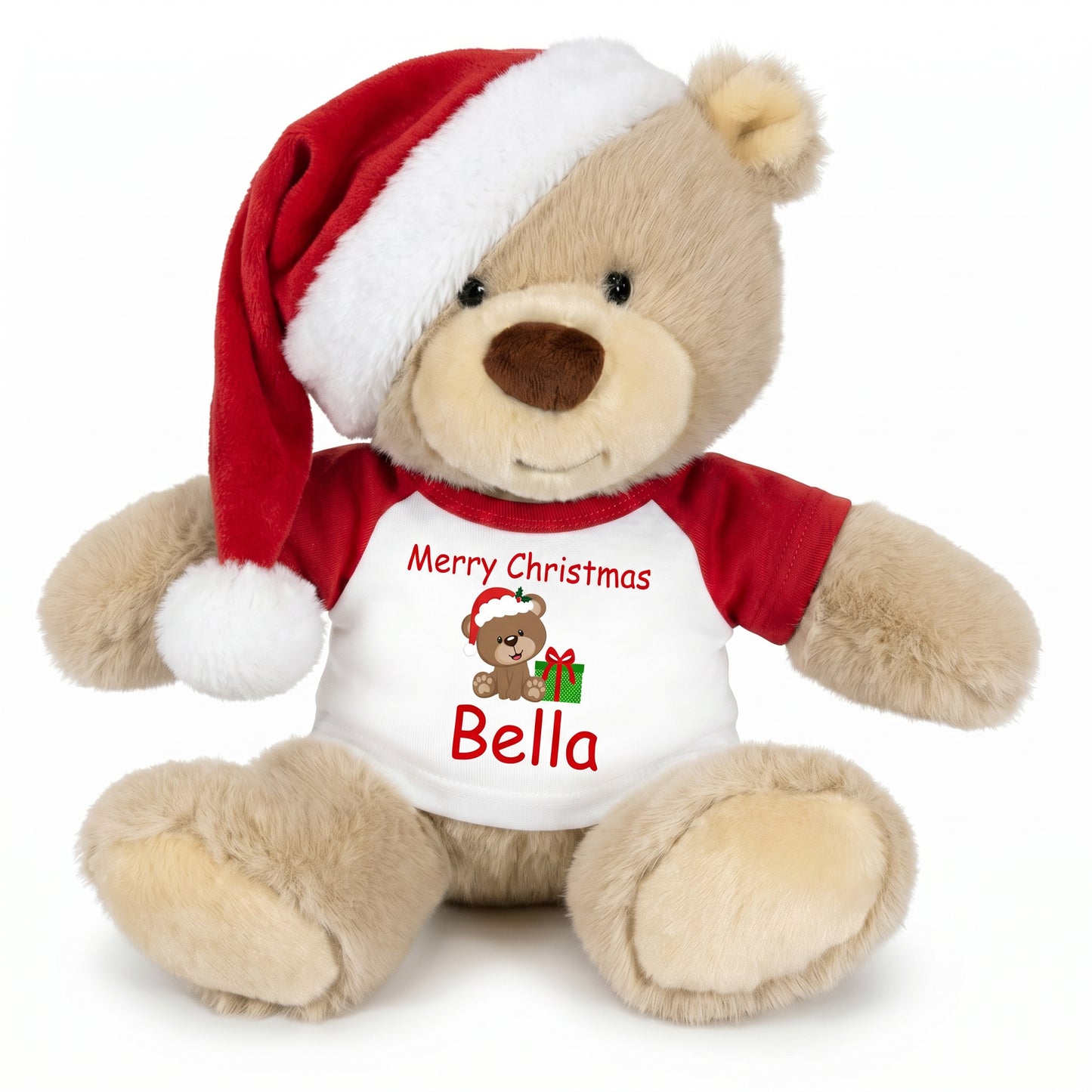 Personalized Christmas Teddy Bear - 10 Inch Tan Nuzzles Bear with Santa Hat, Bear Design