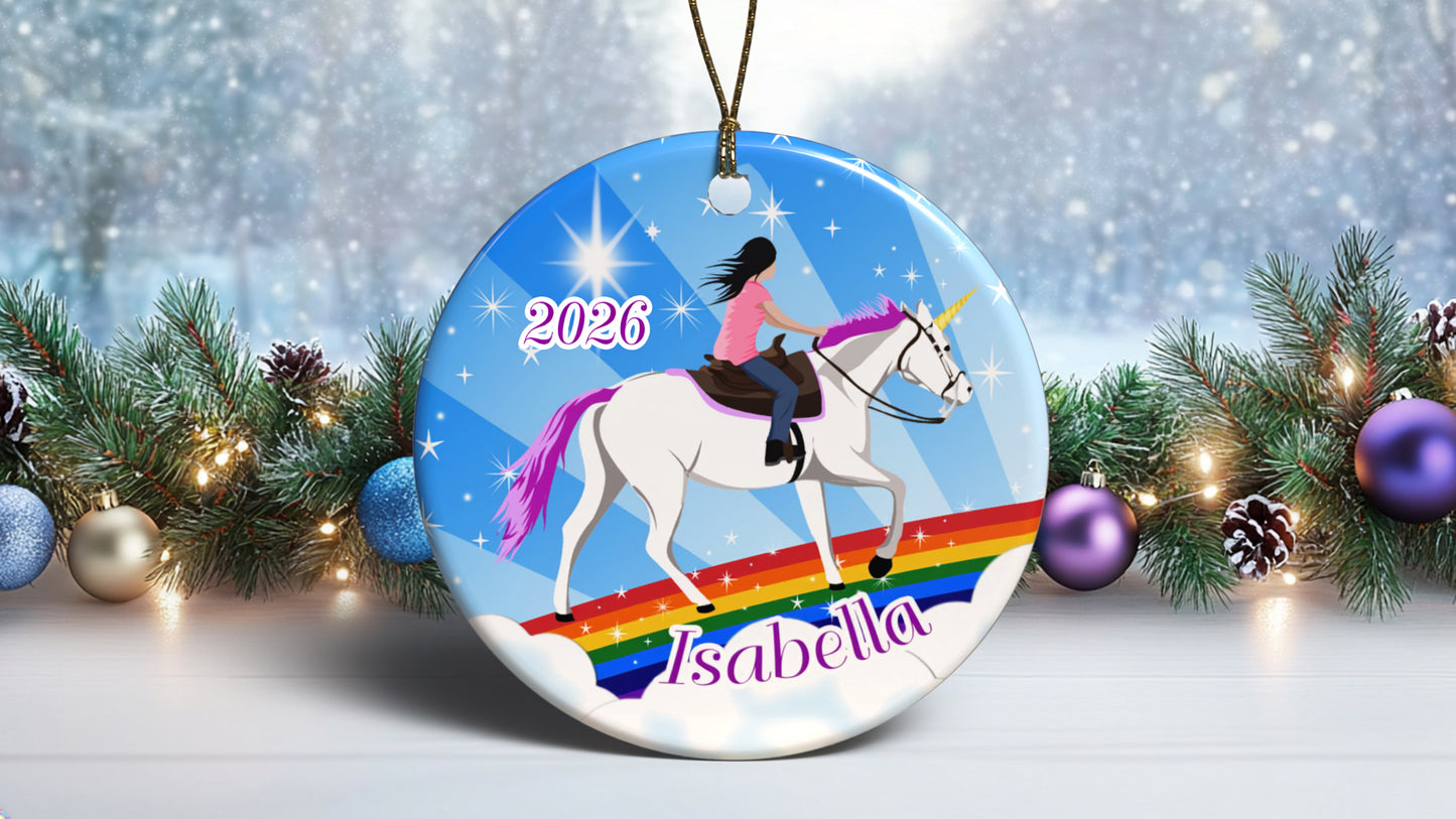 Unicorn Dreams Personalized Christmas Ornament - Girl with Black Hair