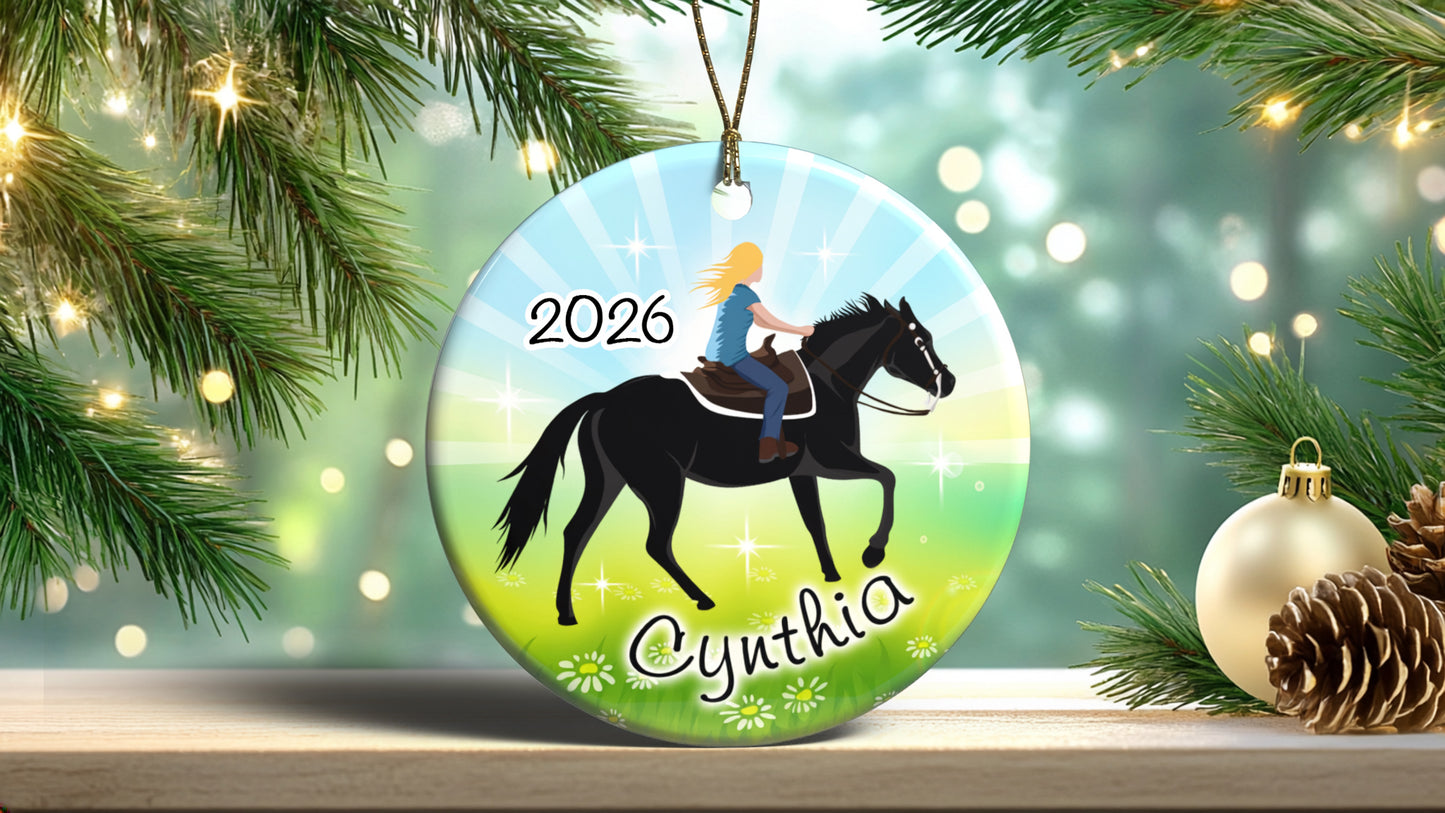 Horse Dreams Personalized Christmas Ornament - Sparkling Meadow - Girl with Blonde Hair