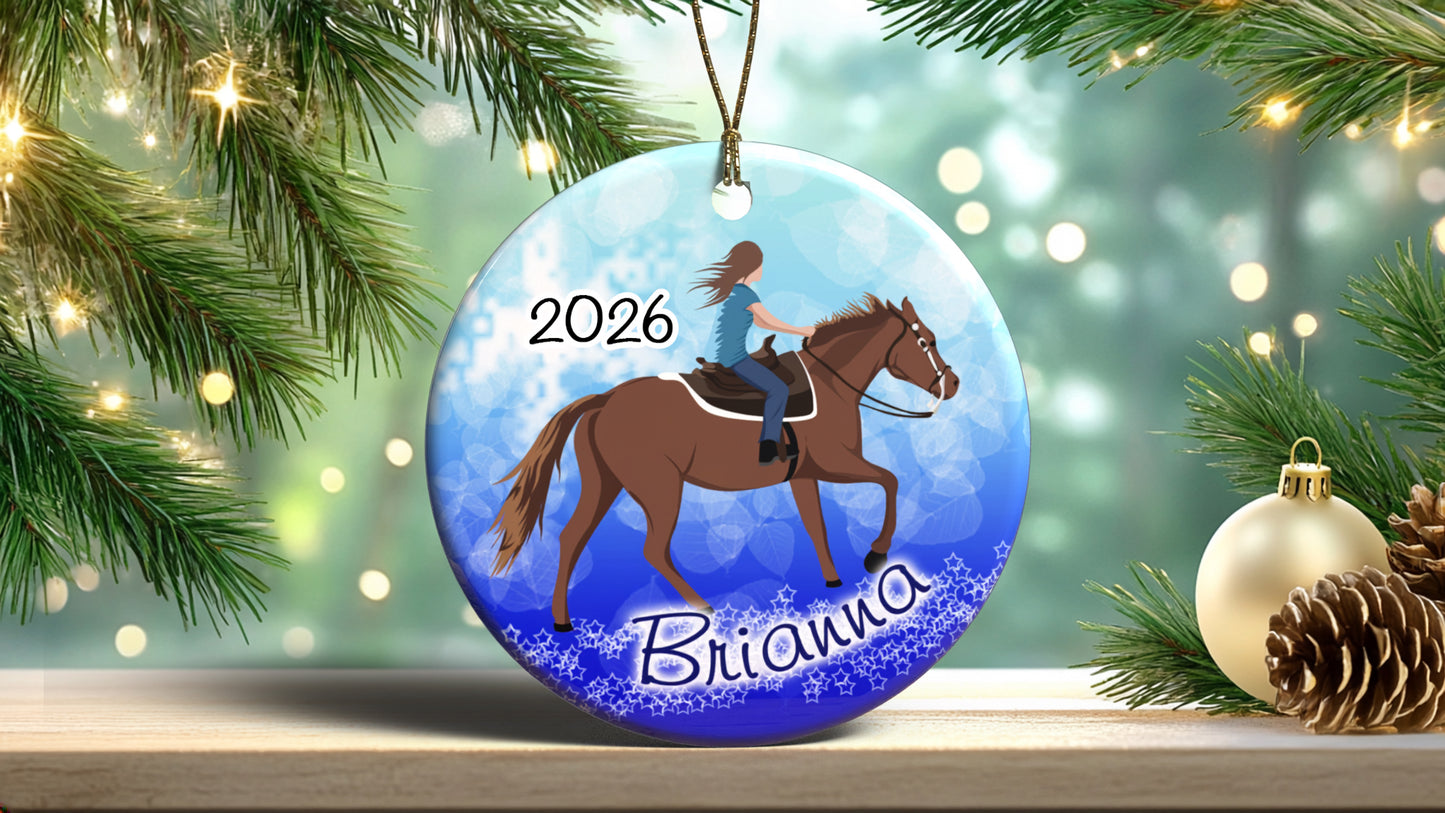 Horse Dreams Personalized Christmas Ornament - Classic Blue - Brown Haired Girl