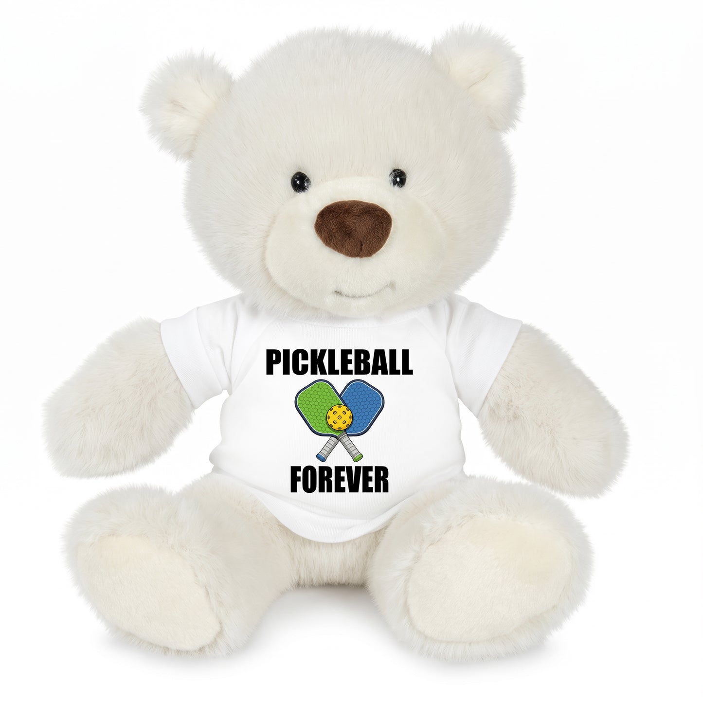 Personalized Pickleball Teddy Bear - 10" Creamy White Nuzzles Bear, Paddle Design - White shirt