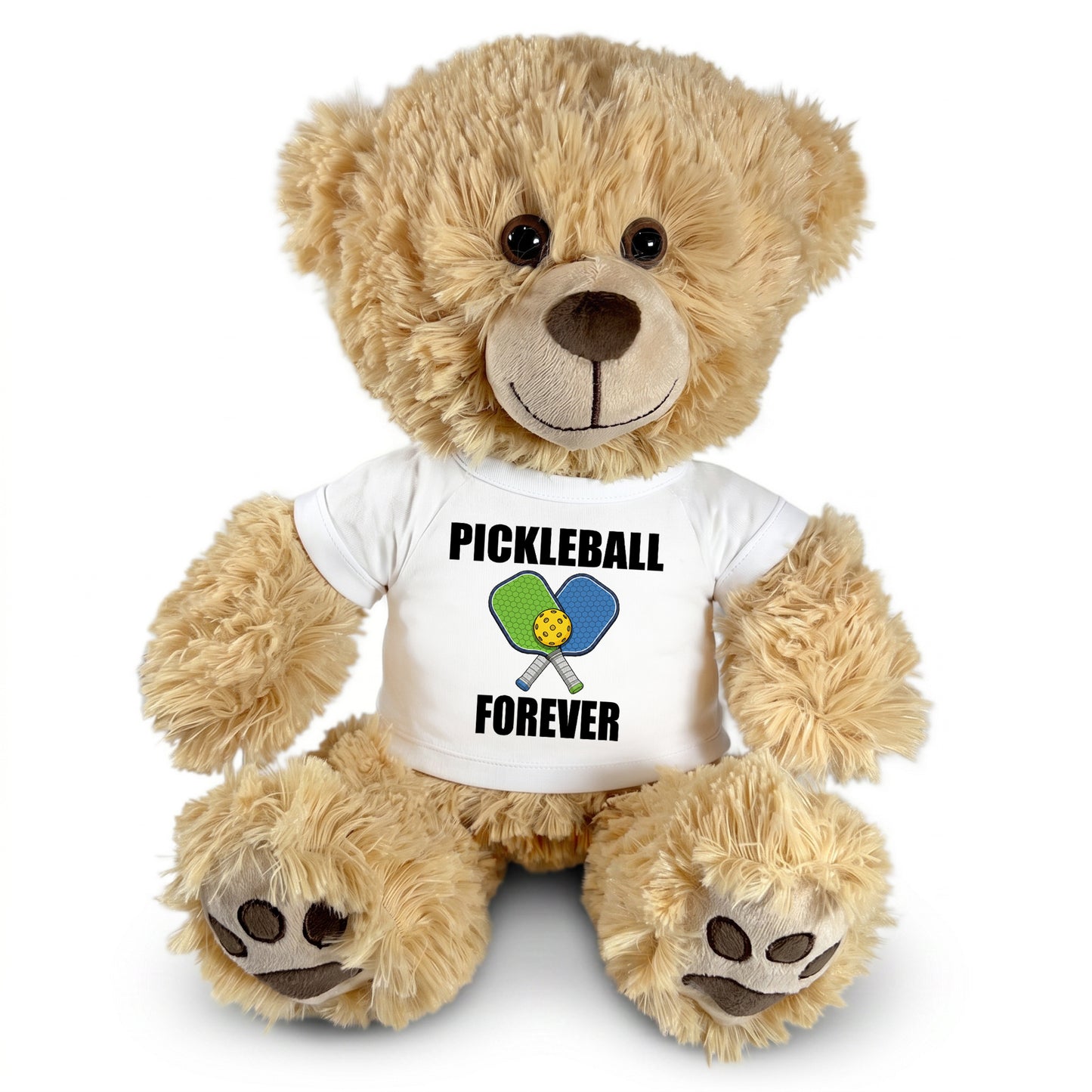 Personalized Pickleball Teddy Bear - 14" Honey Bear, Paddle Design - white shirt