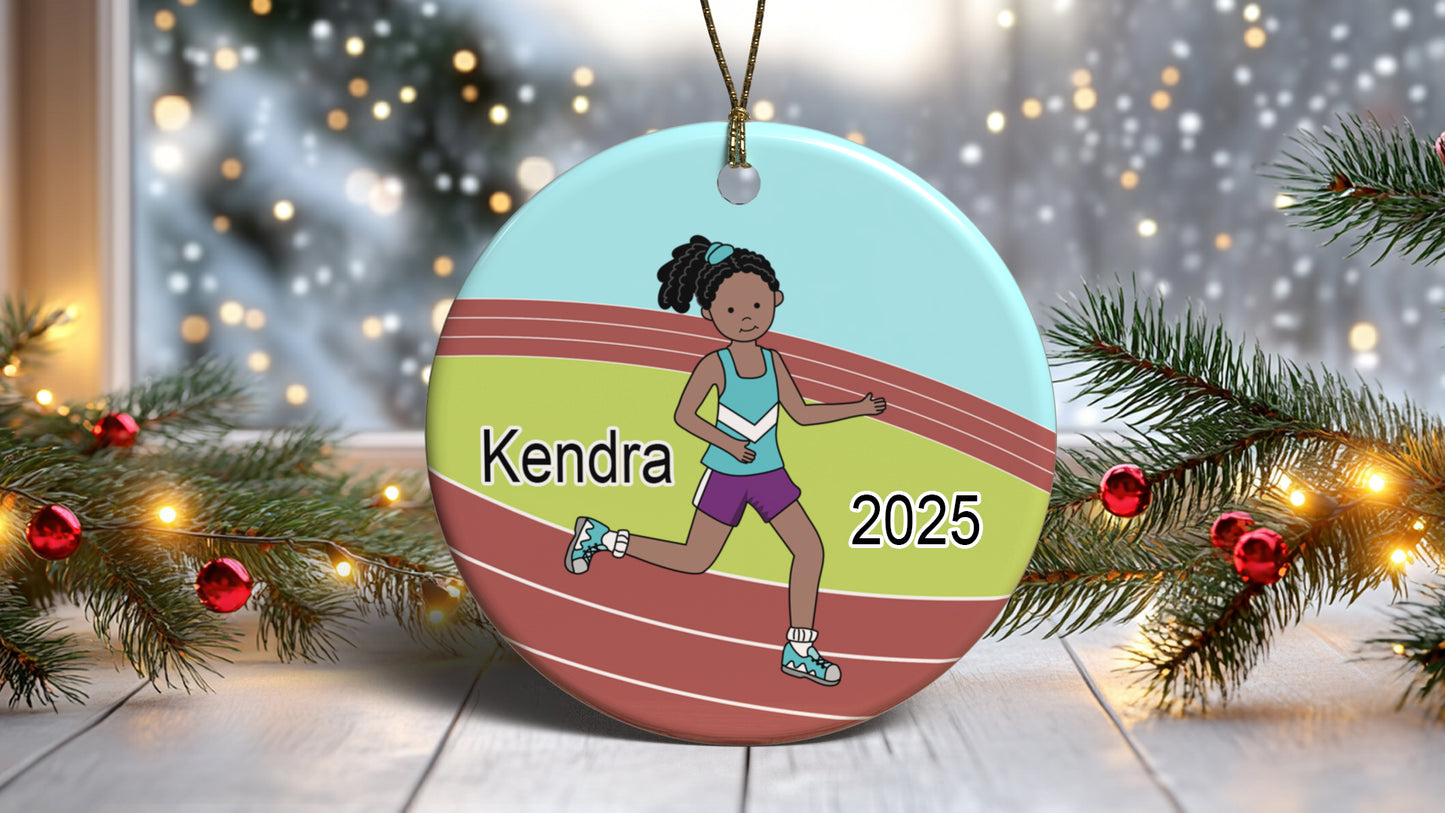 Running / Track Girl Personalized Christmas Ornament, Black, African American