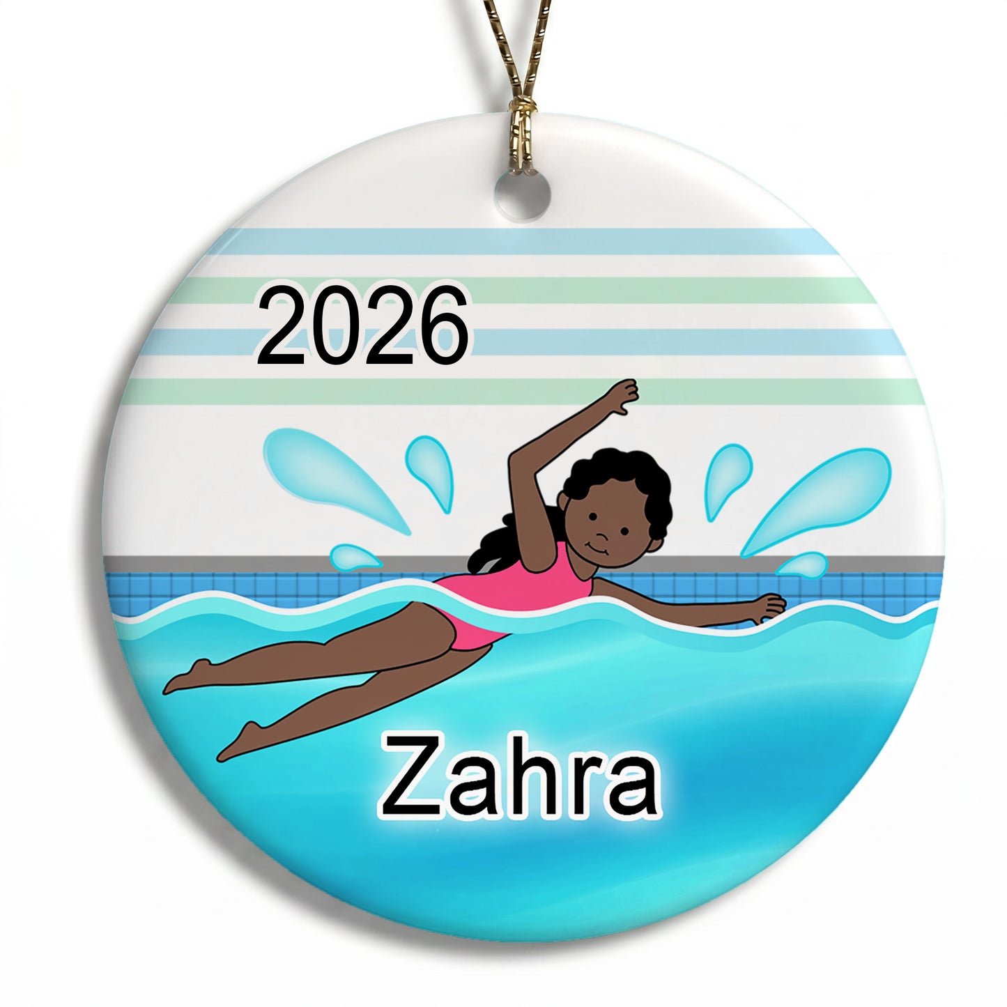 Personalized Swimming Girl Christmas Ornament - Black / African American, Dark Skin