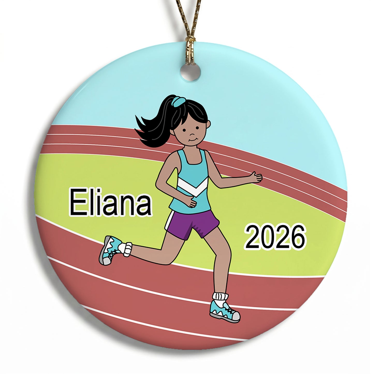Running / Track Girl Personalized Christmas Ornament - Medium Skin / Black Hair