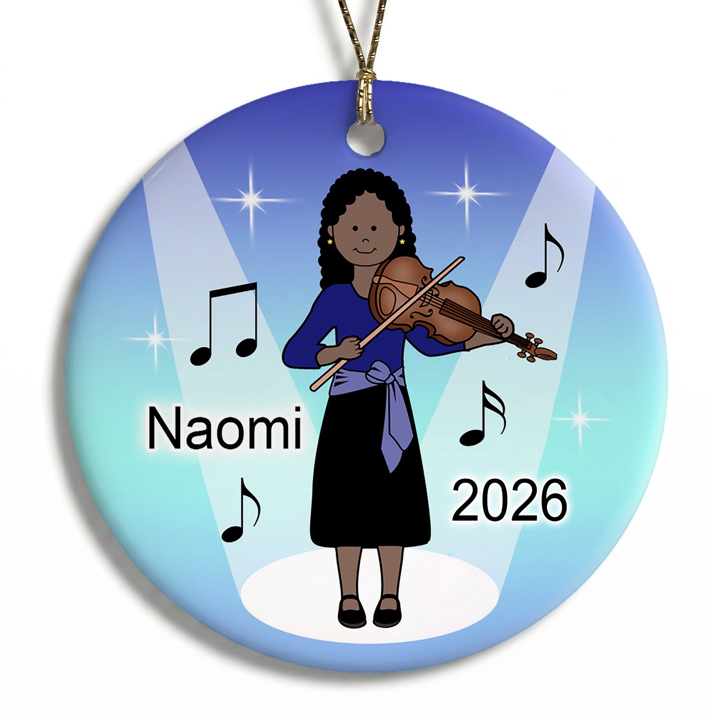 Violin Girl Personalized Christmas Ornament - Black / African American with dark skin