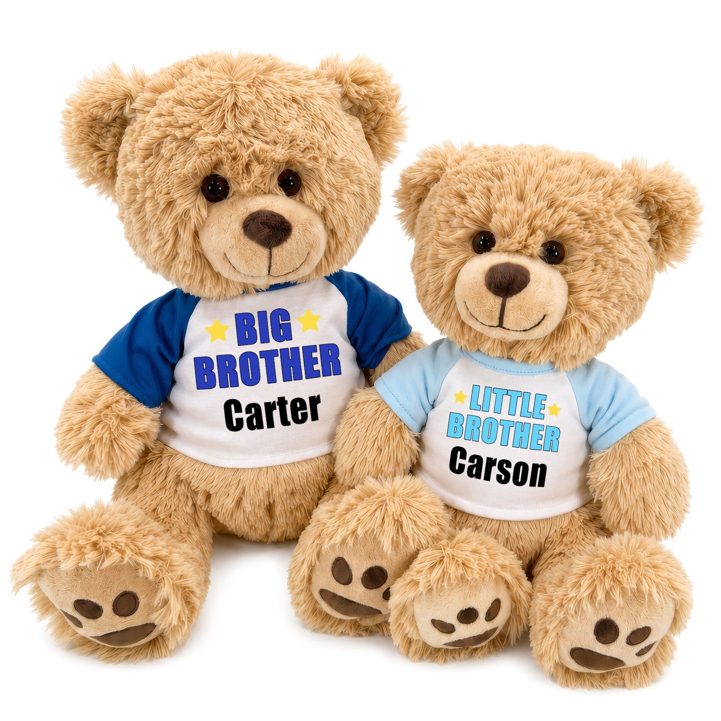 Big Brother / Little Brother Personalized Teddy Bears - Set of 2 Honey Bears, Royal Blue / Light Blue Shirts