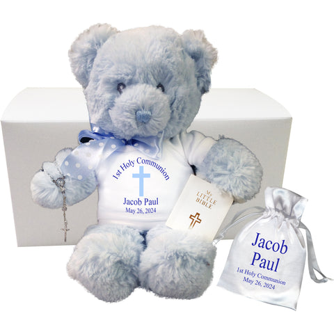 First Communion Teddy Bear Gift Set - Personalized 12" Blue Aurora Plush Bear