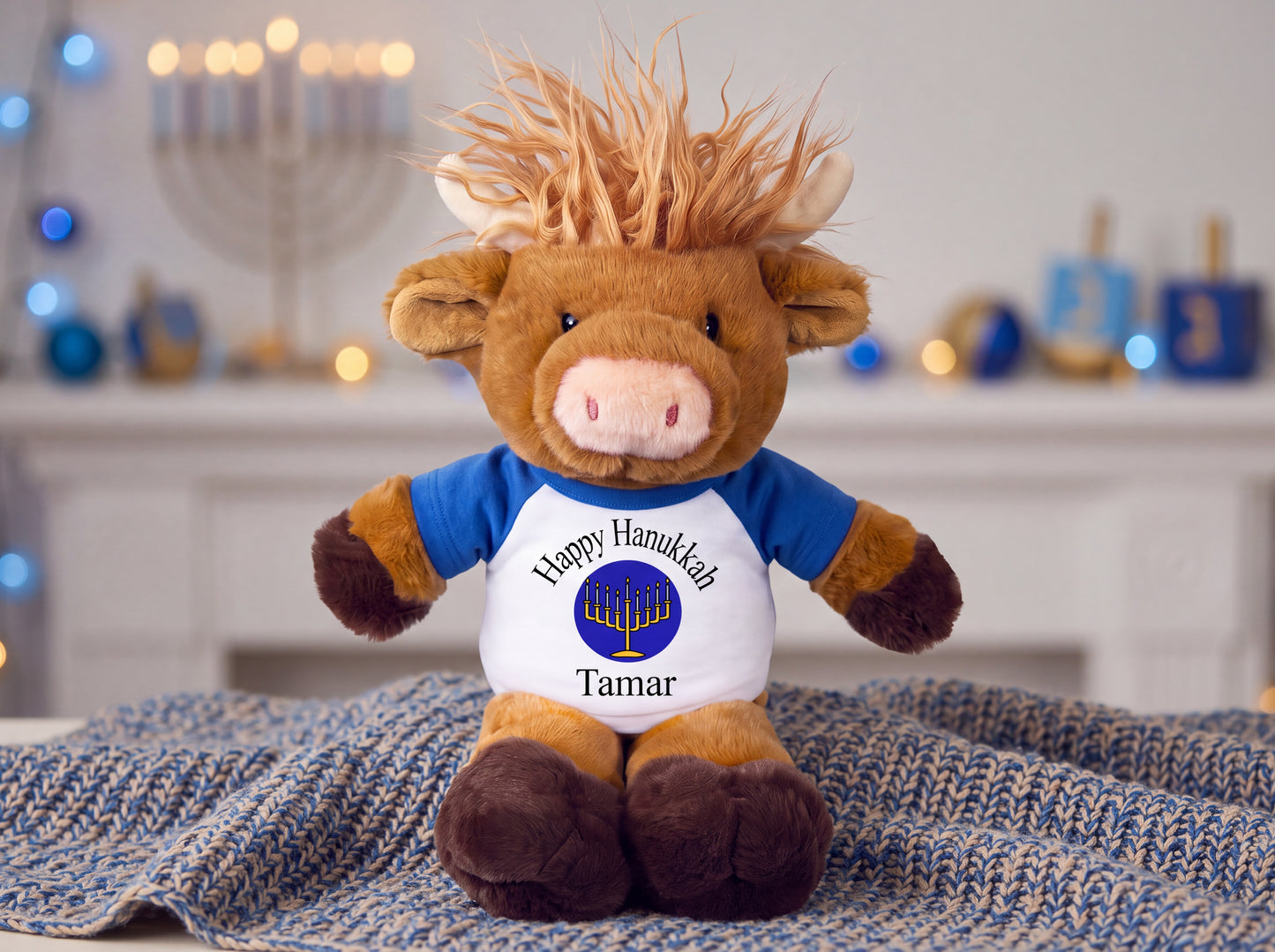 Personalized Hanukkah Stuffed Cow - 12 Inch Plush Scottish Highland Cow - Unique Hanukkah Gift