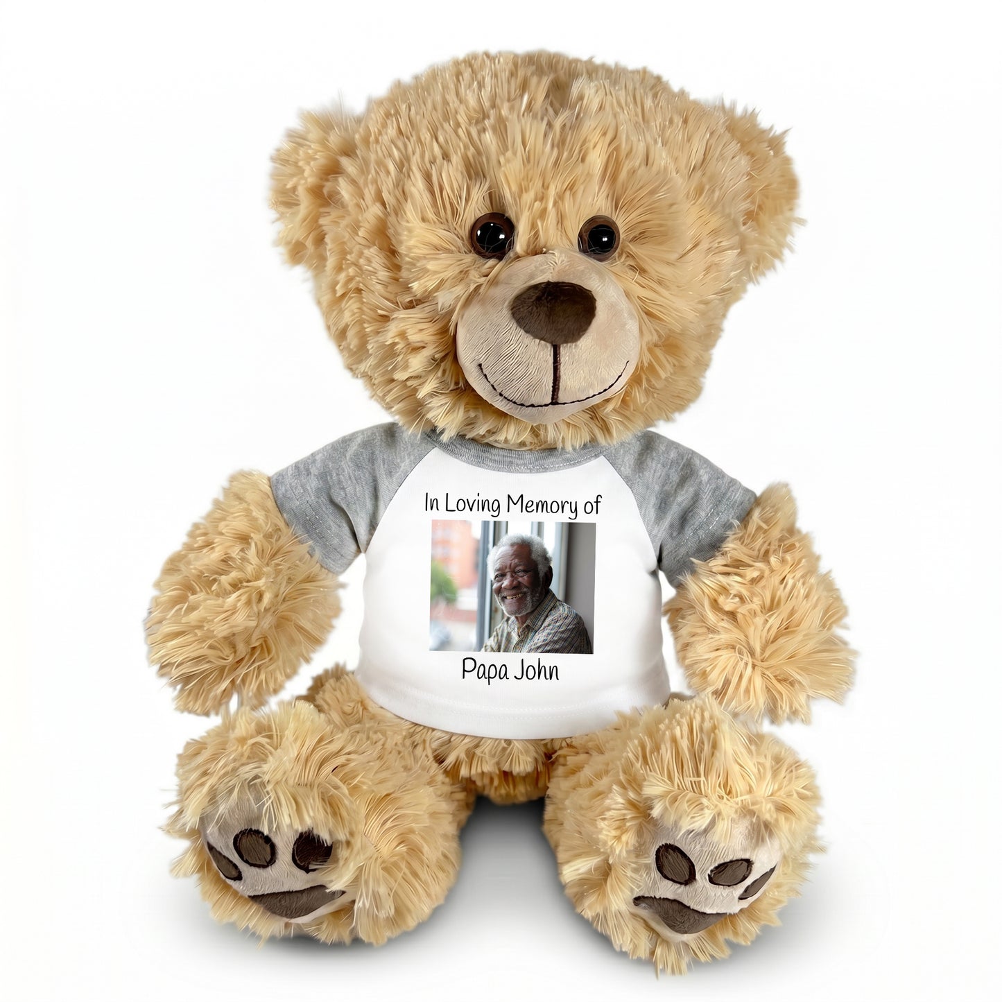 Personalized Photo Memorial Teddy Bear - 14" Honey Bear - Grey Sleeved Shirt