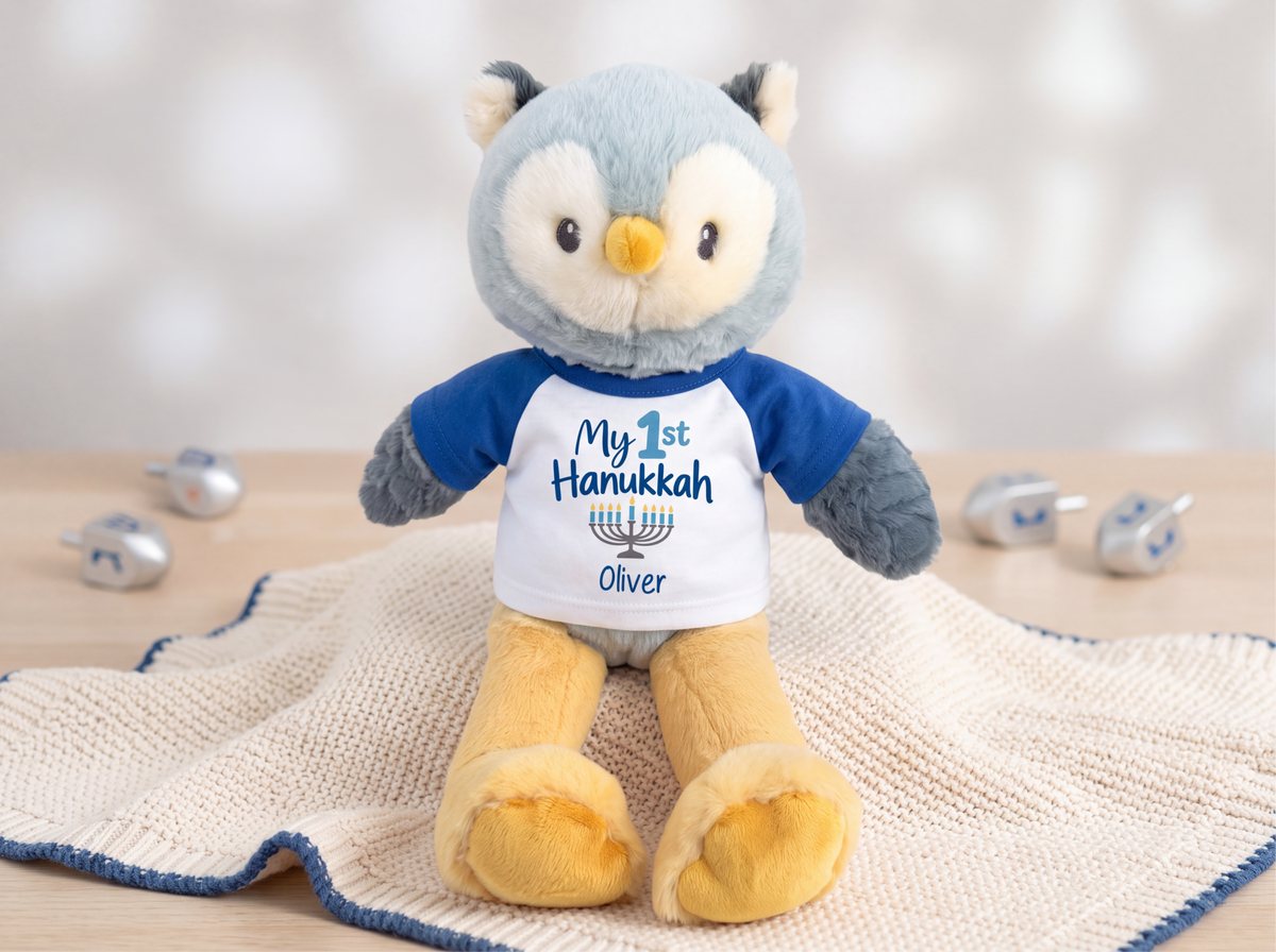 Personalized Hanukkah Stuffed Owl - 12 Inch Plush Ollie Owl - Happy Hanukkah, Royal Blue Shirt / Blue Design