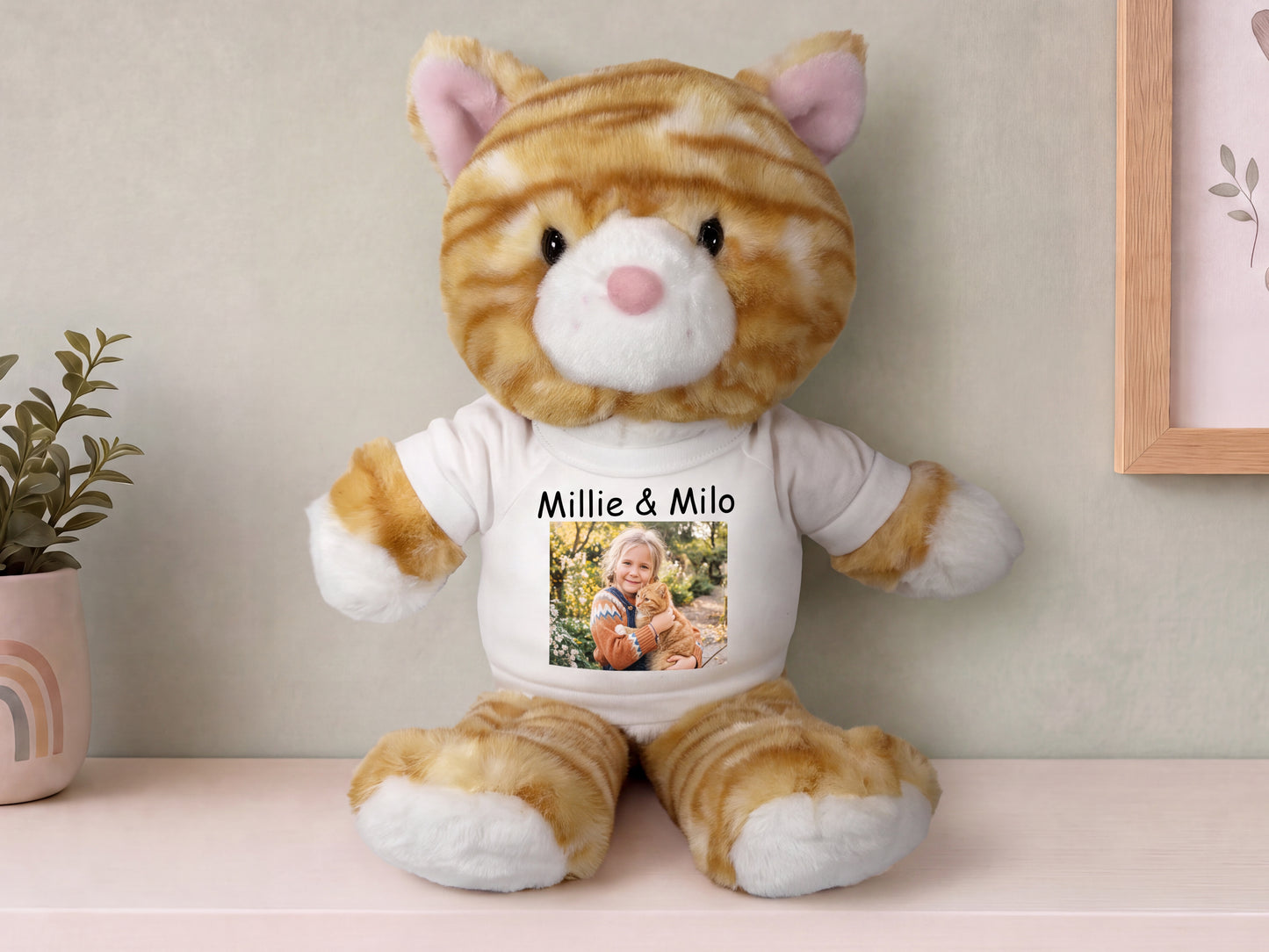 Personalized Stuffed Cat - 12 Inch TumbleToes Orange Tabby Cat with your custom Photo and/or Text