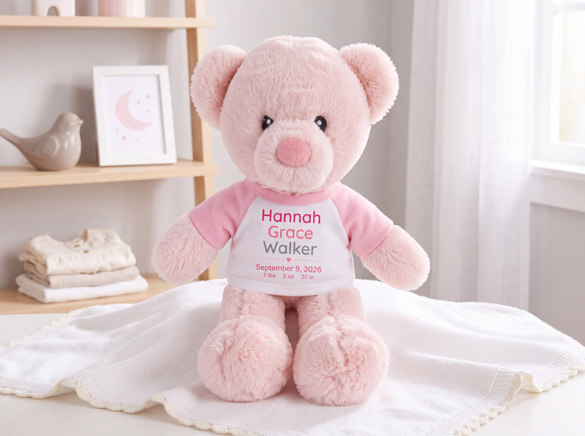 Personalized Teddy Bear for Baby Girl - 11" Pink Baby Bear - Custom Baby Girl Gift