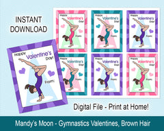 Gymnastics Valentine Cards, Handstand Design - Brown Hair -  Digital Print at Home Valentines cards, Instant Download