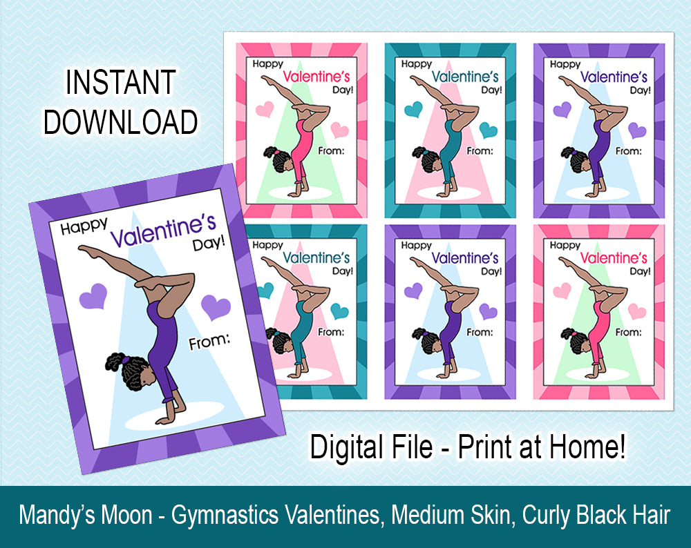 Gymnastics Valentine Cards, Handstand Design - Medium Skin, Curly Black Hair - Digital Print at Home Valentines cards, Instant Download