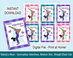Gymnastics Valentine Cards, Handstand Design - Medium Skin, Straight Black Hair - Digital Print at Home Valentines cards, Instant Download