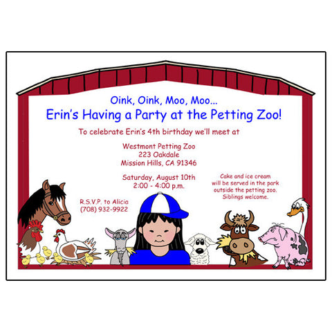 Barnyard or Petting Zoo Birthday Party Invitation - Girl
