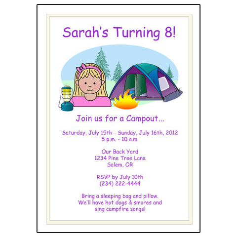 Camping Kid Birthday Party Invitation - Girl