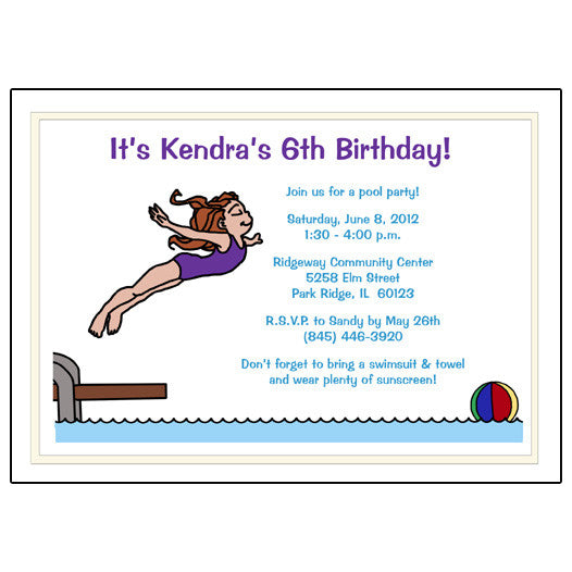 Pool or Swimming Birthday Party Invitation - Girl