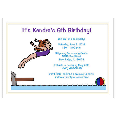 Pool or Swimming Birthday Party Invitation - Girl