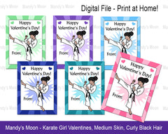Karate Girl Valentines - Medium skin, curly black hair - Digital file, Print at Home