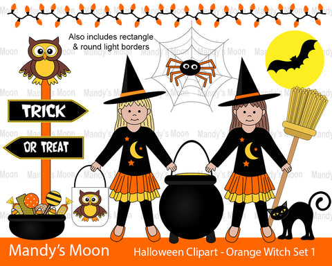 Halloween Orange Witch Girls Clipart Set 1 (Personal & Nonprofit Use only)