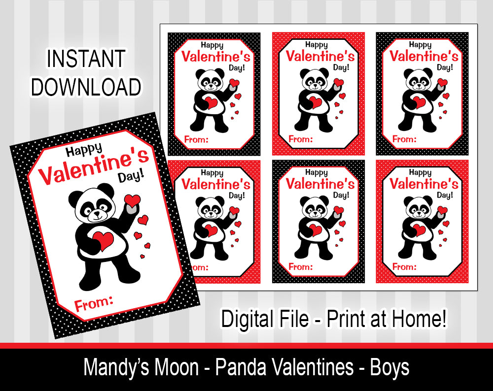 Panda Valentine Cards - Boys- Digital Print at Home Valentines cards, Instant Download