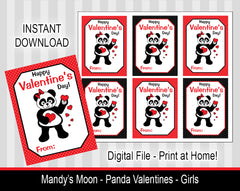 Panda Valentine Cards - Girls - Digital Print at Home Valentines cards, Instant Download