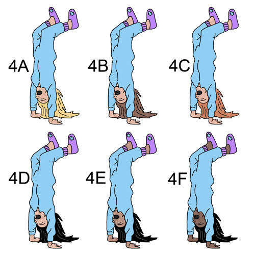 Examples of Girl 4 for sleepover invitation. 4A has fair skin and blonde hair. 4B has fair skin and brown hair. 4C has fair skin and red hair. 4D has fair skin and black hair. 4E has medium skin and black hair. 4F has dark skin and black hair. All girls are dressed in blue pajamas, doing a handstand.