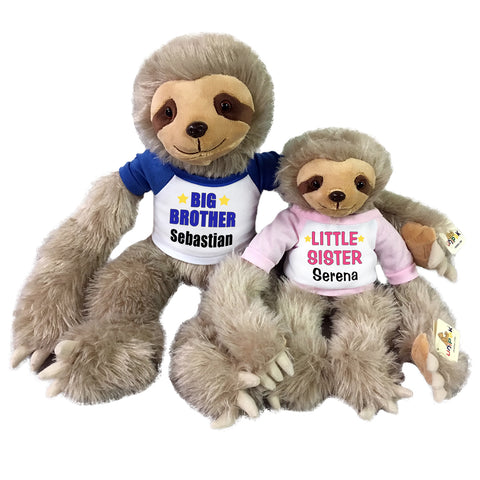 Big Brother / Little Sister Personalized stuffed Sloths - Set of 2 Tan sloths, 18" and 12"