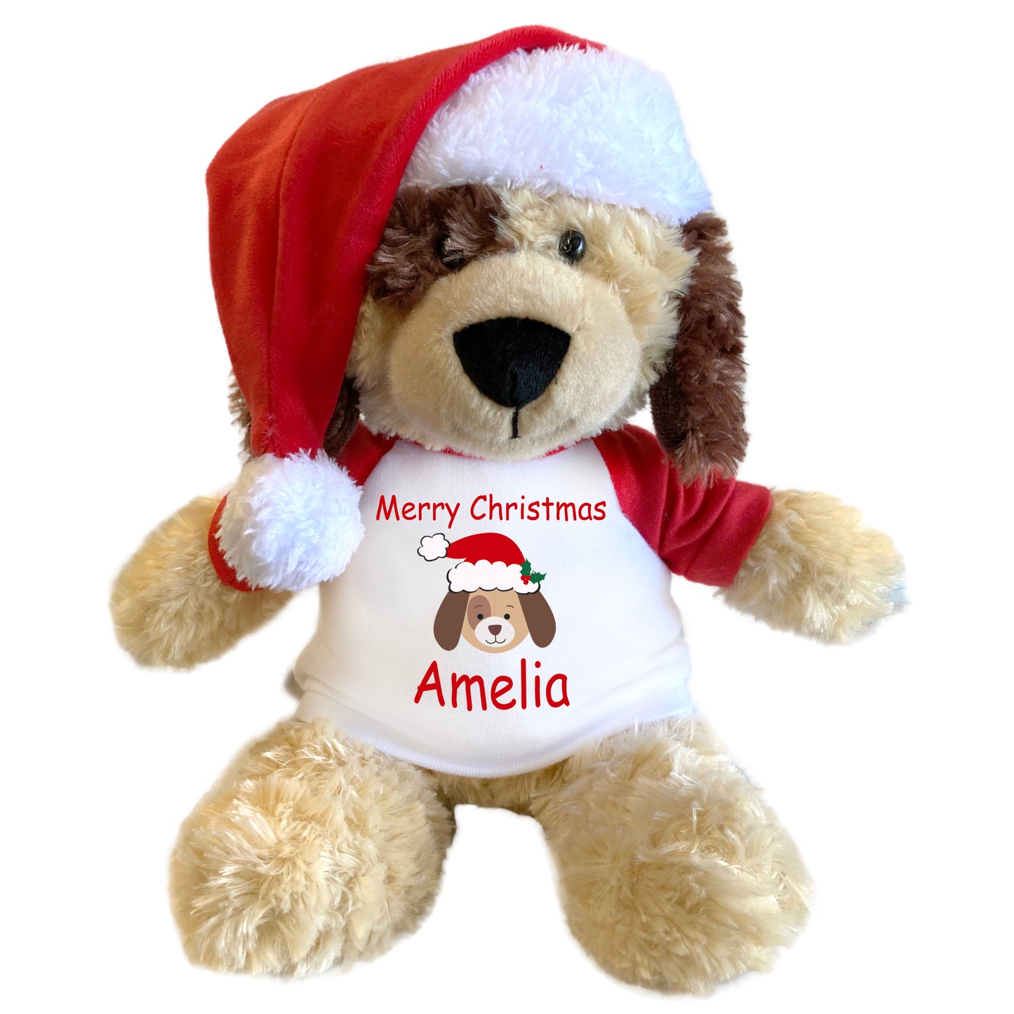 Personalized Christmas Spotty Dog - 12" Plush with Santa Hat