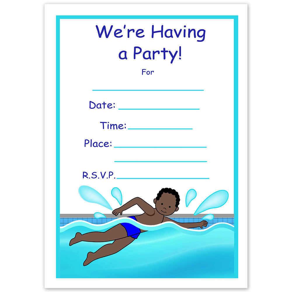 Swimming Boy Fill In the Blank Birthday Party Invitations
