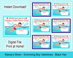 Swimming Boy Valentine Cards - Black Hair - Digital Print at Home Valentines cards, Instant Download