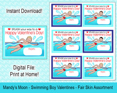 Swimming Boy Valentine Cards - Fair Skin Assortment - Digital Print at Home Valentines cards, Instant Download