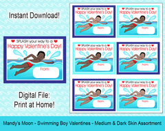 Swimming Boy Valentine Cards - Medium and Dark Skin Assortment -  Digital Print at Home Valentines cards, Instant Download