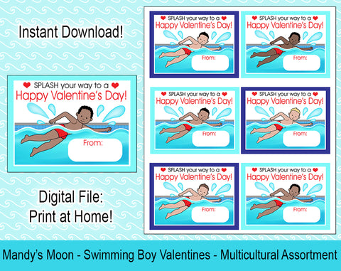 Swimming Boy Valentine Cards - Multicultural Assortment - Digital Print at Home Valentines cards, Instant Download