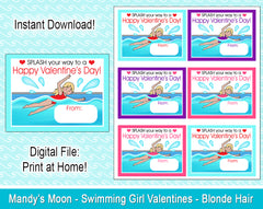 Swimming Girl Valentine Cards - Blonde Hair - Digital Print at Home Valentines cards, Instant Download