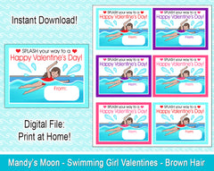 Swimming Girl Valentine Cards - Brown Hair - Digital Print at Home Valentines cards, Instant Download