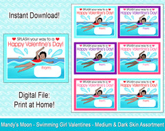 Swimming Girl Valentine Cards - Medium and Dark Skin Assortment -  Digital Print at Home Valentines cards, Instant Download
